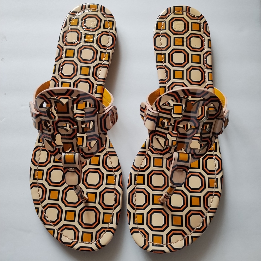 Tory Burch Miller Printed Patent Leather Sandals Ballet Pink Octagon Square Sz 8 - Picture 2 of 16